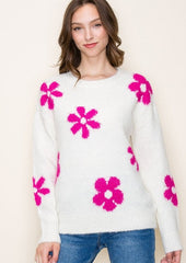 Ivory & Fuchsia Floral Sweater