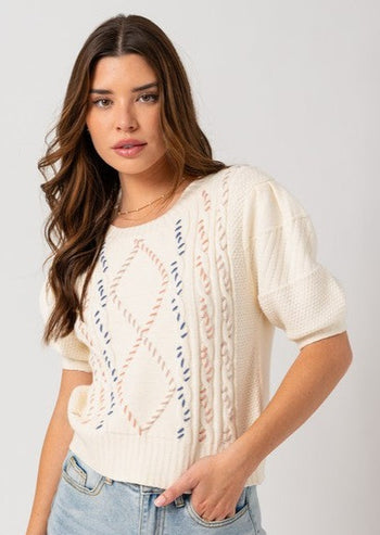 Stitched Cable Knit Short Sleeve Sweater Top