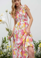 Pink & Yellow Floral Smocked Dress