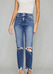 Kan Can High Rise Slim Straight Distressed Jean