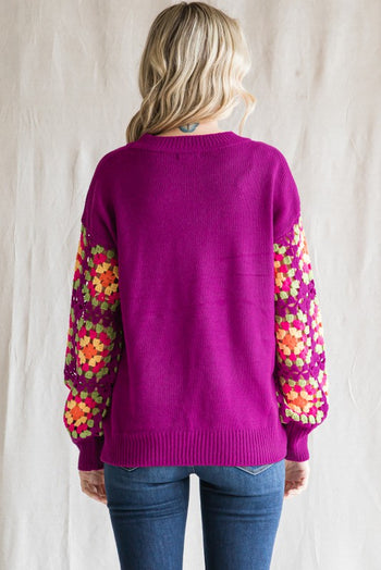 FINAL SALE - Magenta Crochet Sleeve Sweater