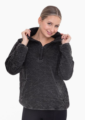 Black Quilted Mineral Wash Half Zip Pullover