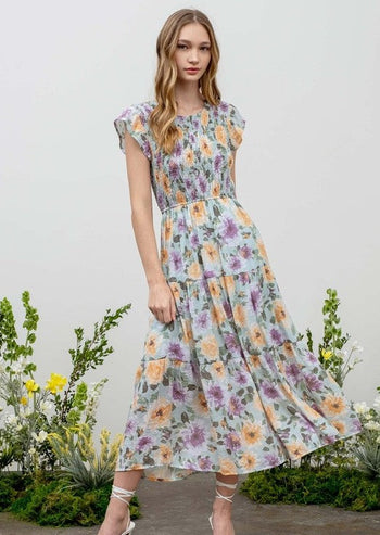 Mint Floral Smocked Midi Dress