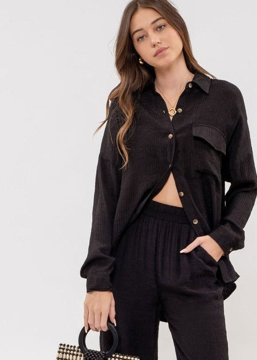 Black Lightweight Button Down Top - The Nines