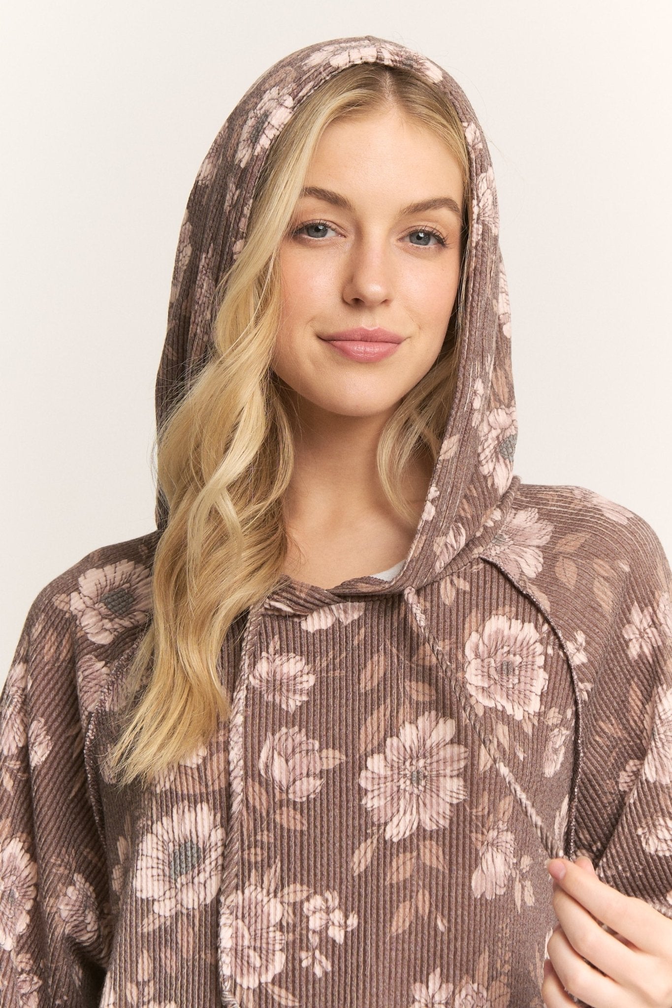 Brown Floral Ribbed Hoodie - The Nines