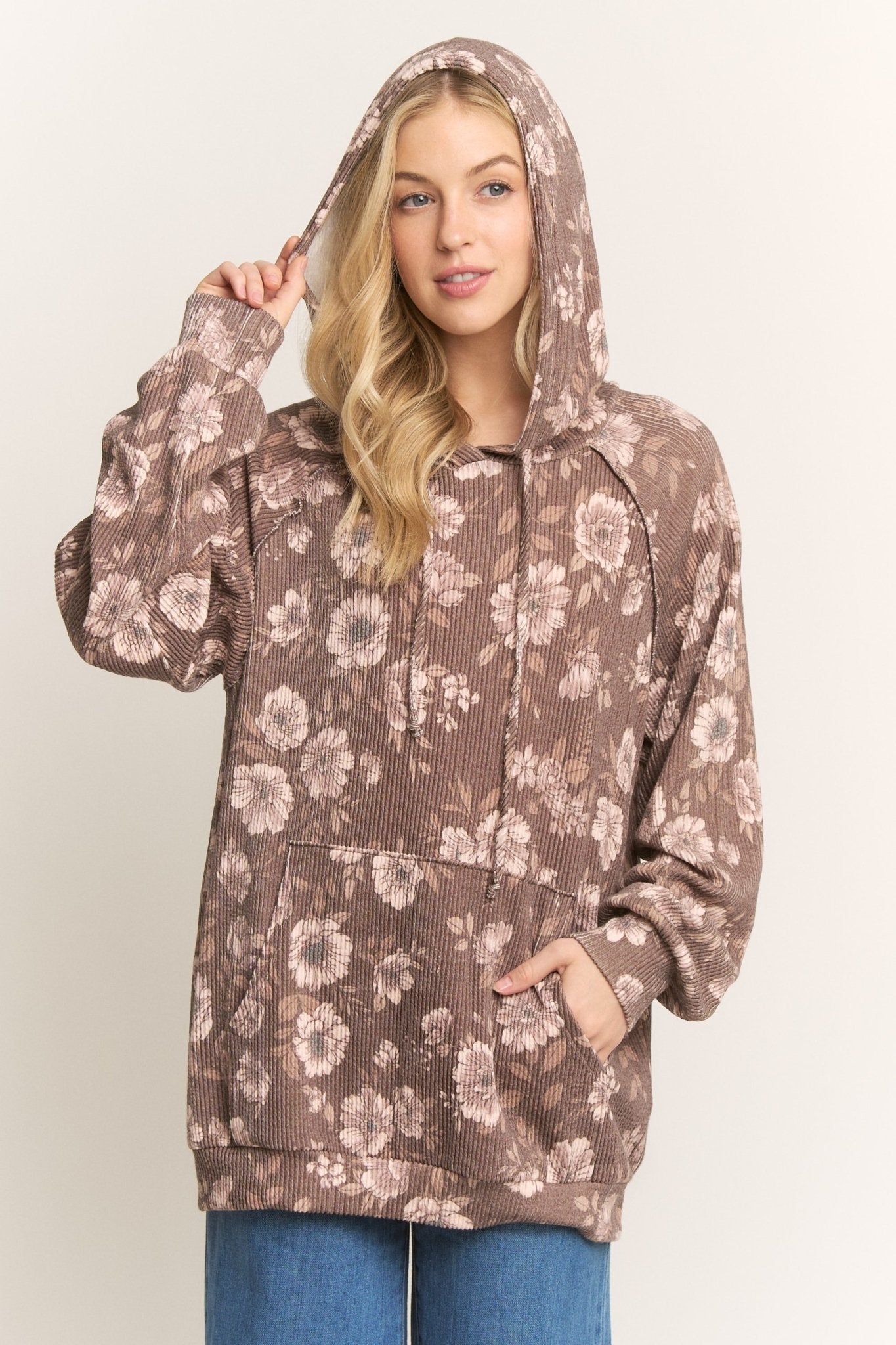 Brown Floral Ribbed Hoodie - The Nines