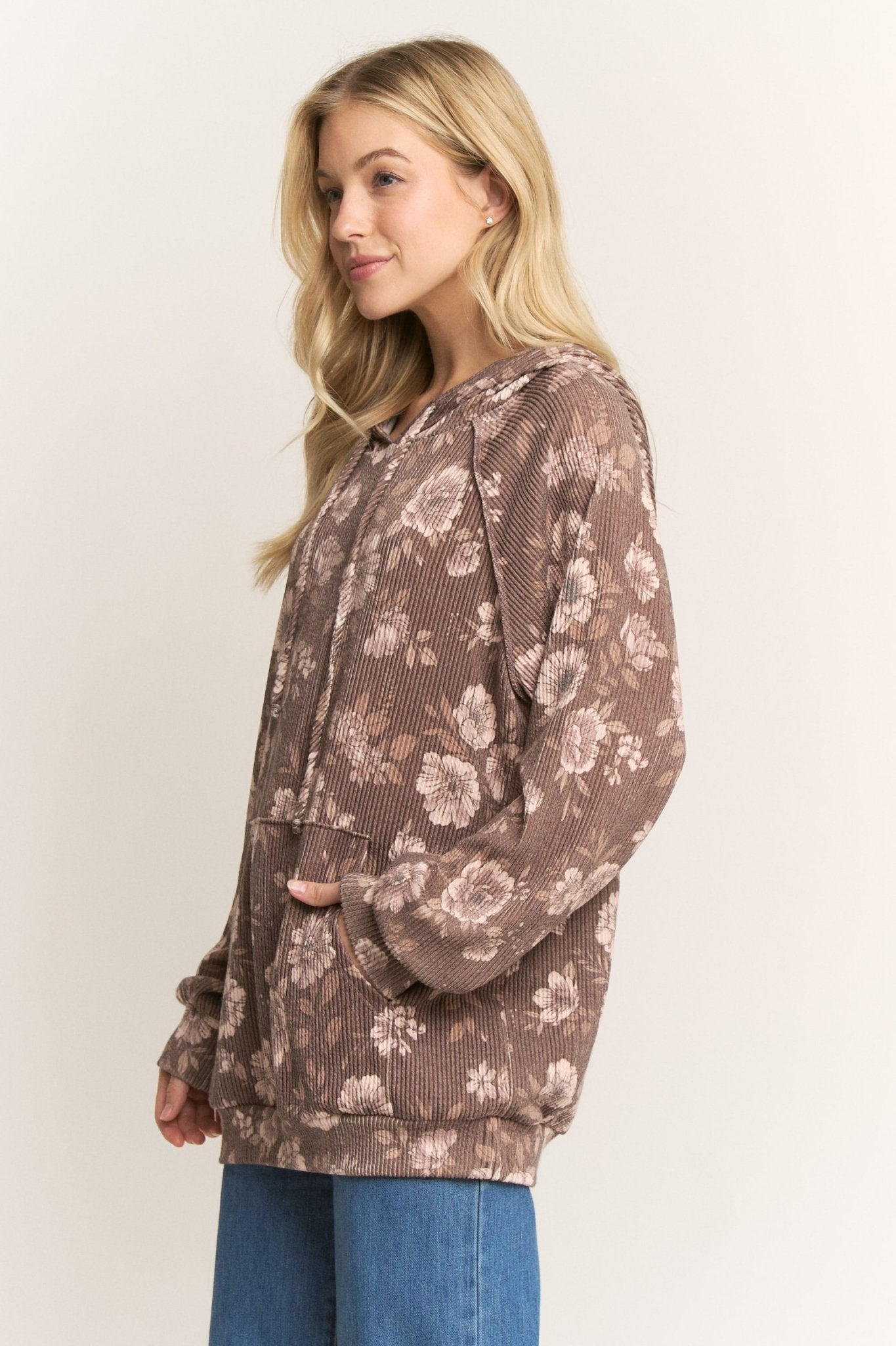 Brown Floral Ribbed Hoodie - The Nines