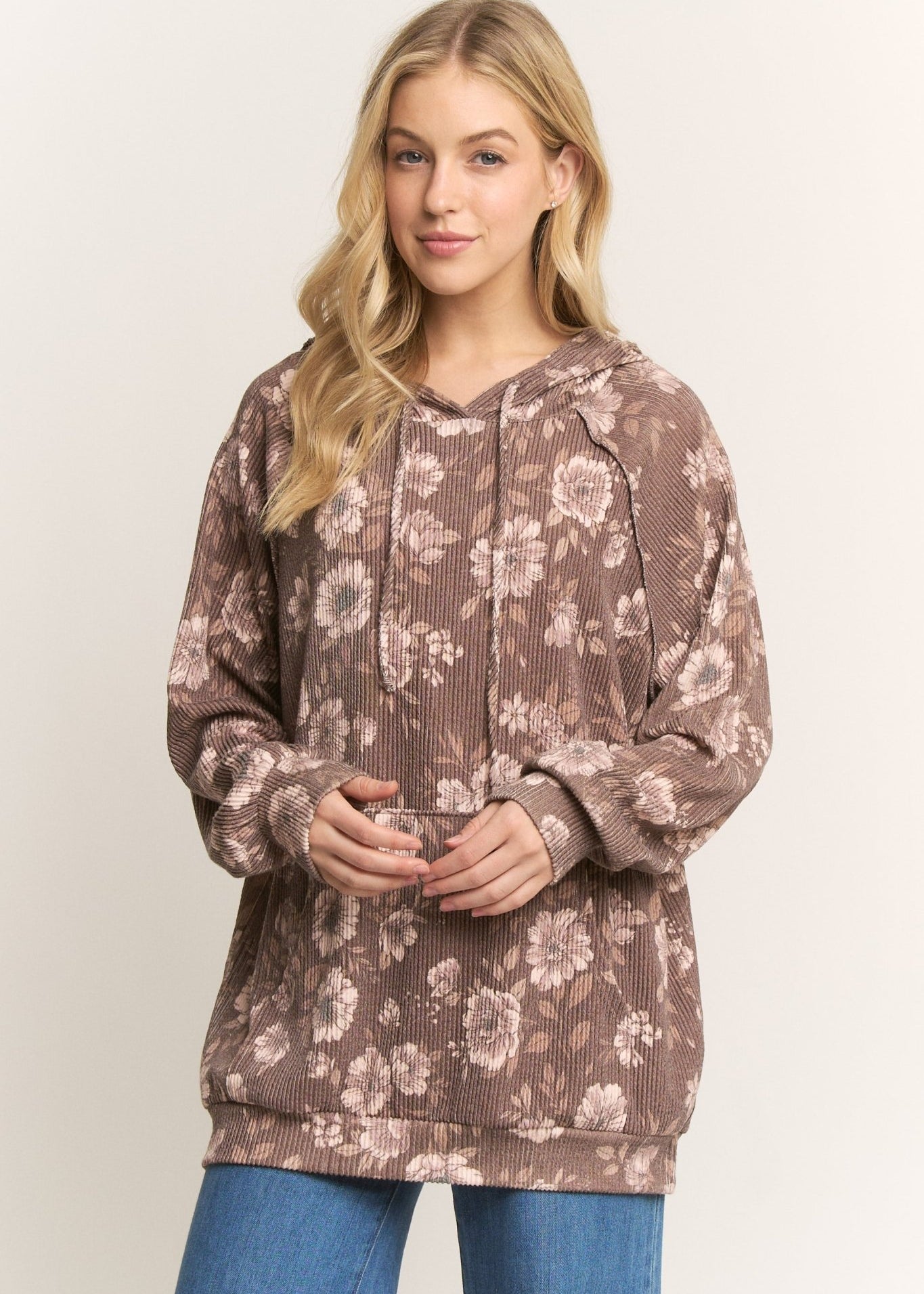 Brown Floral Ribbed Hoodie - The Nines