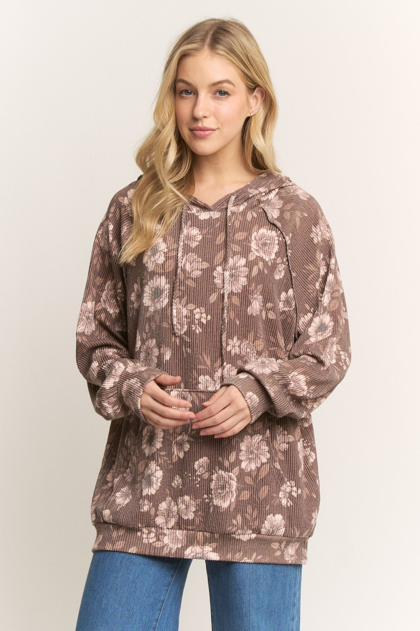 Brown Floral Ribbed Hoodie - The Nines