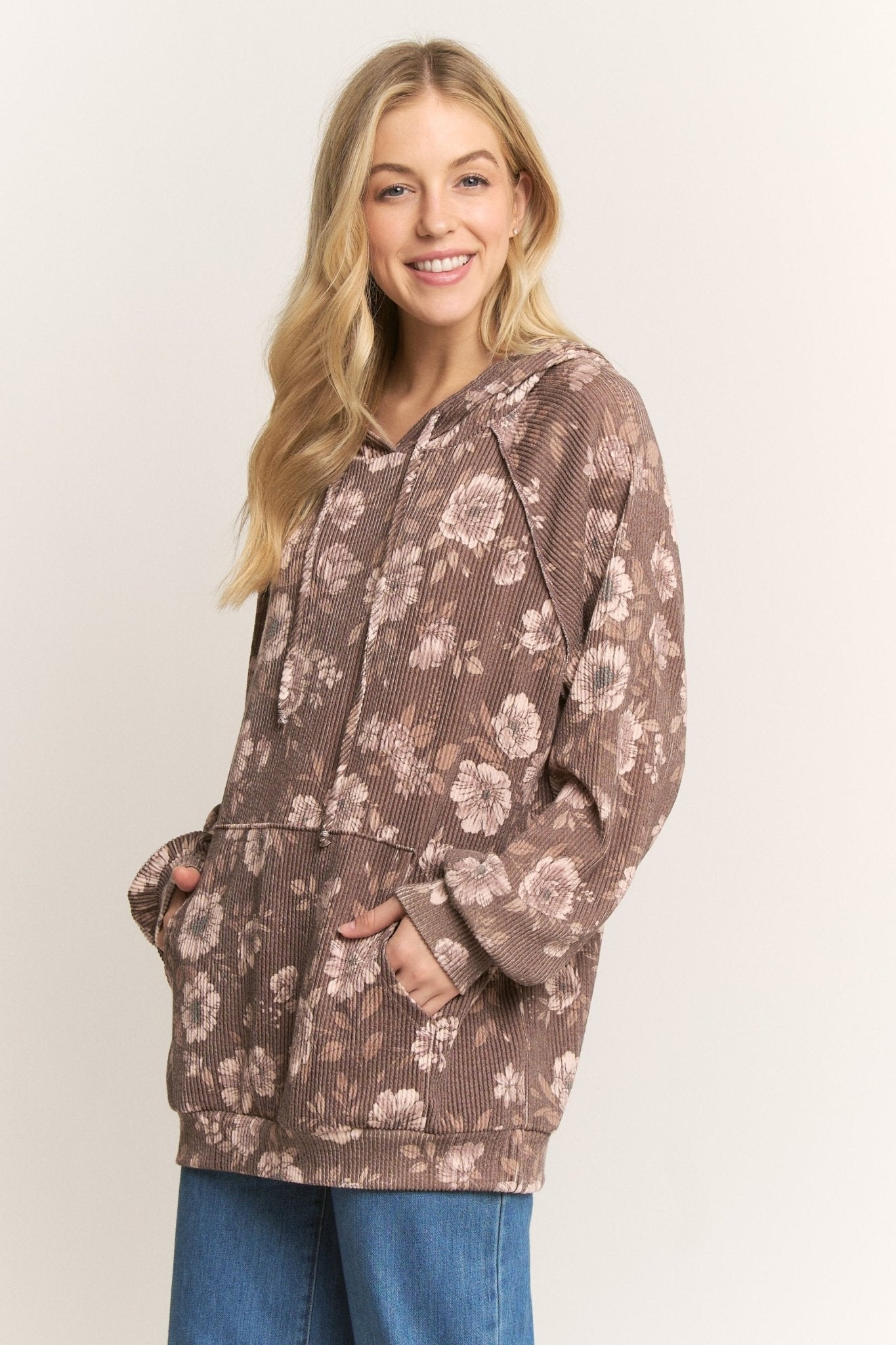 Brown Floral Ribbed Hoodie - The Nines