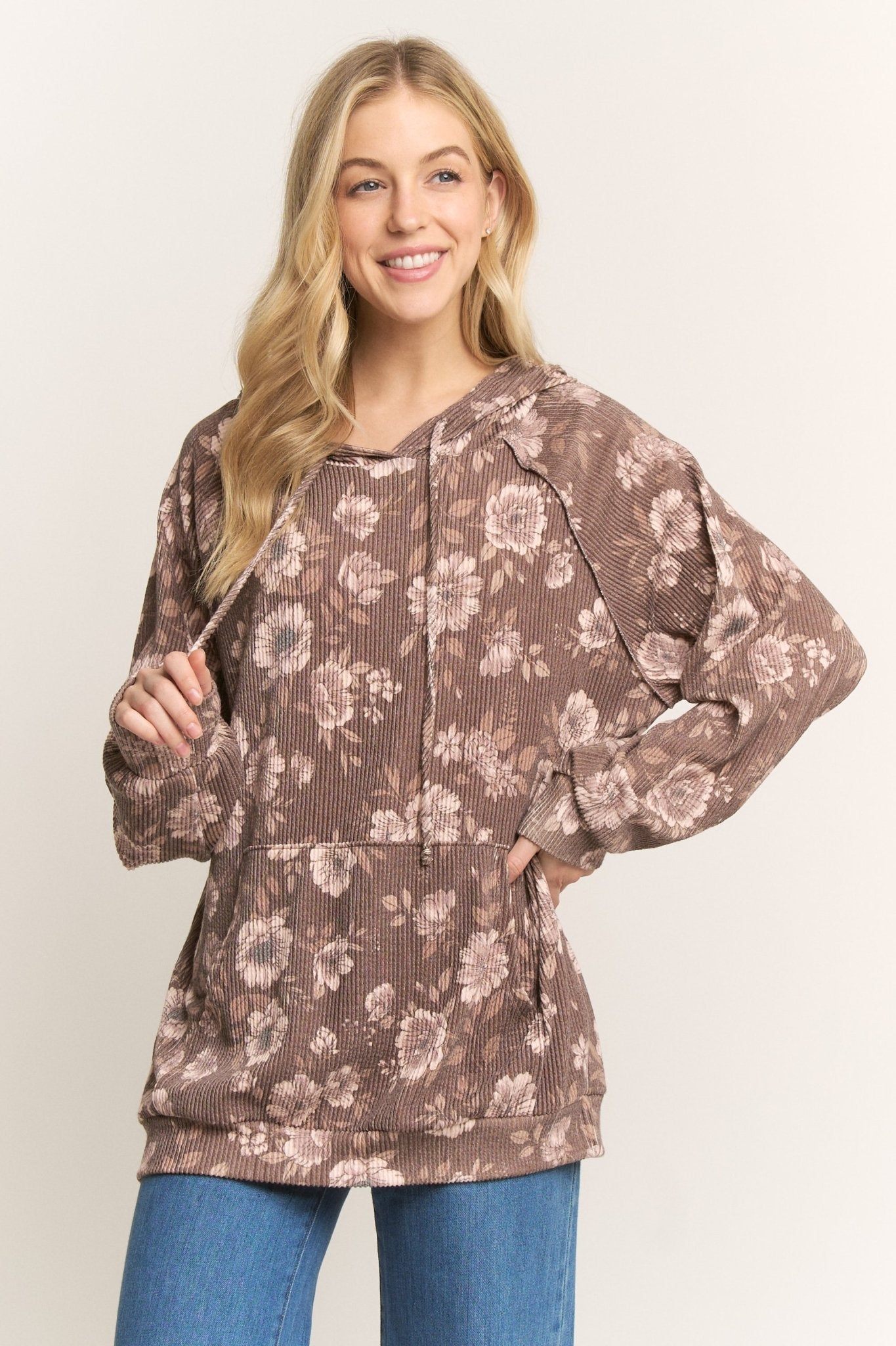 Brown Floral Ribbed Hoodie - The Nines