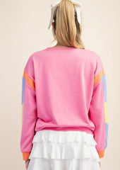 Pink Colorblock Sleeve Terry Pullover