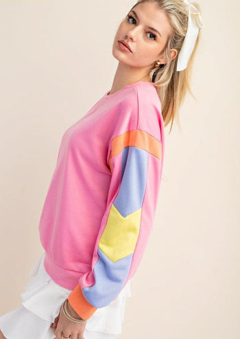 Pink Colorblock Sleeve Terry Pullover