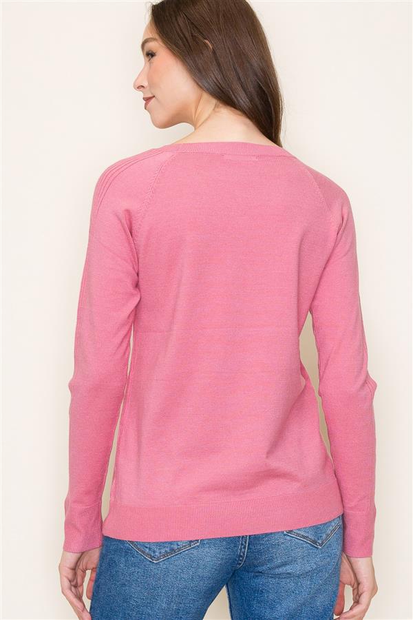 Pink Basic Ribbed Sleeve Detail Pullover