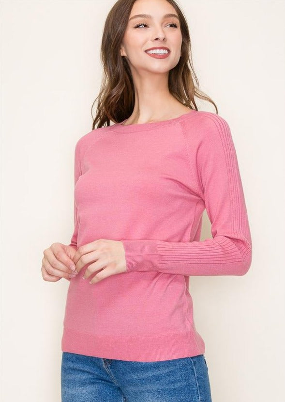 Pink Basic Ribbed Sleeve Detail Pullover