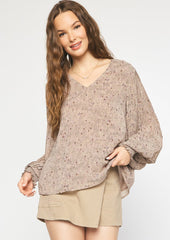 Printed Pleated Sleeve Chiffon Tops - 2 Colors!