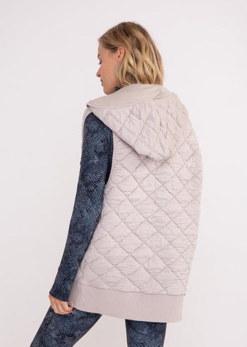 Taupe Quilted Hooded Zip Long Vest
