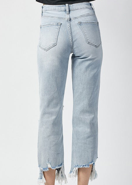 Risen High Rise Destructed Straight Light Wash Cropped Jeans