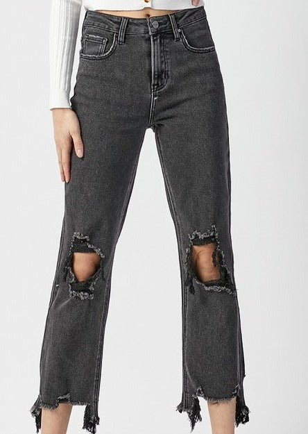 Risen High Rise Black Destructed Straight Cropped Jeans