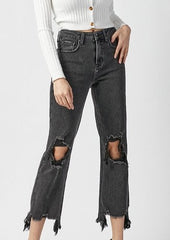 Risen High Rise Black Destructed Straight Cropped Jeans
