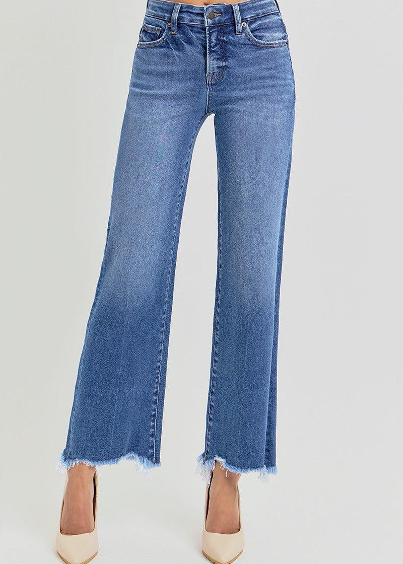 Risen Tummy Control Fray Uneven Hem Straight Jeans - The Nines