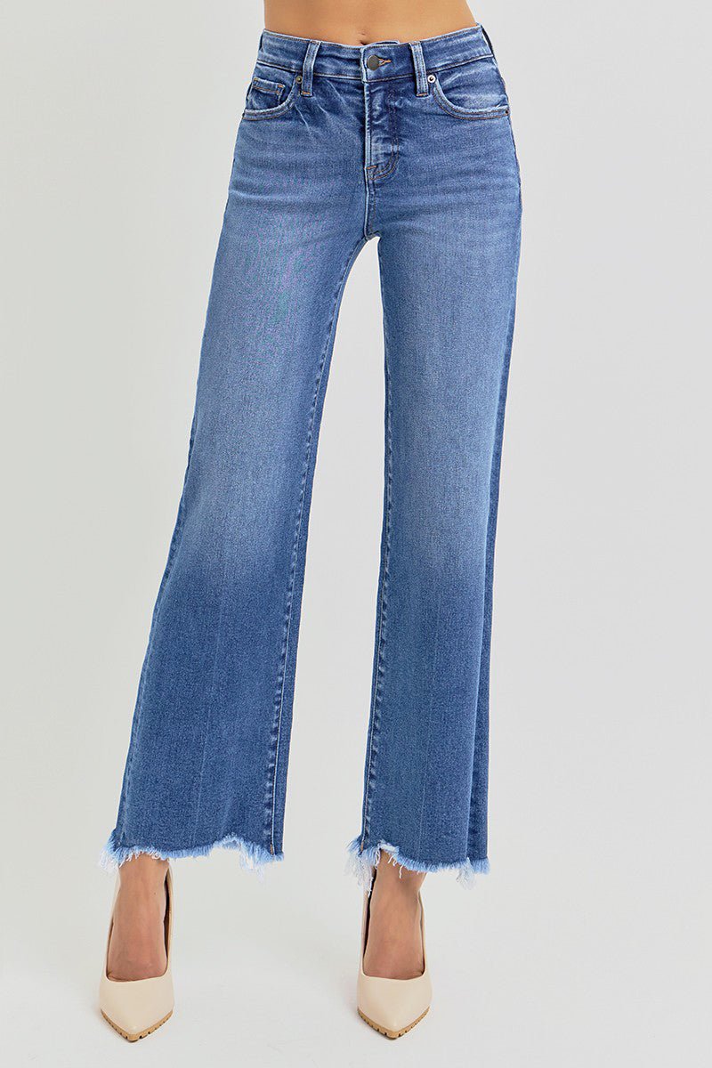 Risen Tummy Control Fray Uneven Hem Straight Jeans - The Nines
