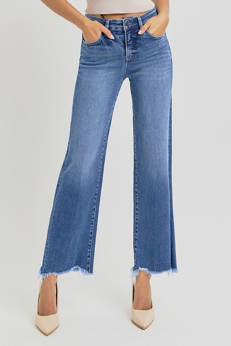 Risen Tummy Control Fray Uneven Hem Straight Jeans - The Nines