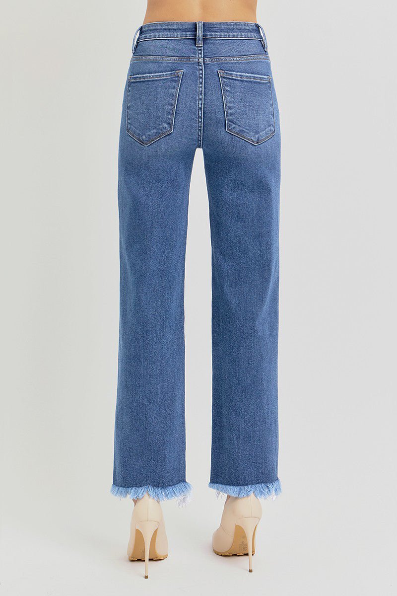 Risen Tummy Control Fray Uneven Hem Straight Jeans - The Nines
