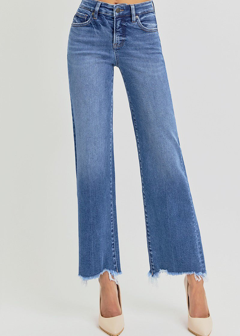 Risen Tummy Control Fray Uneven Hem Straight Jeans - The Nines