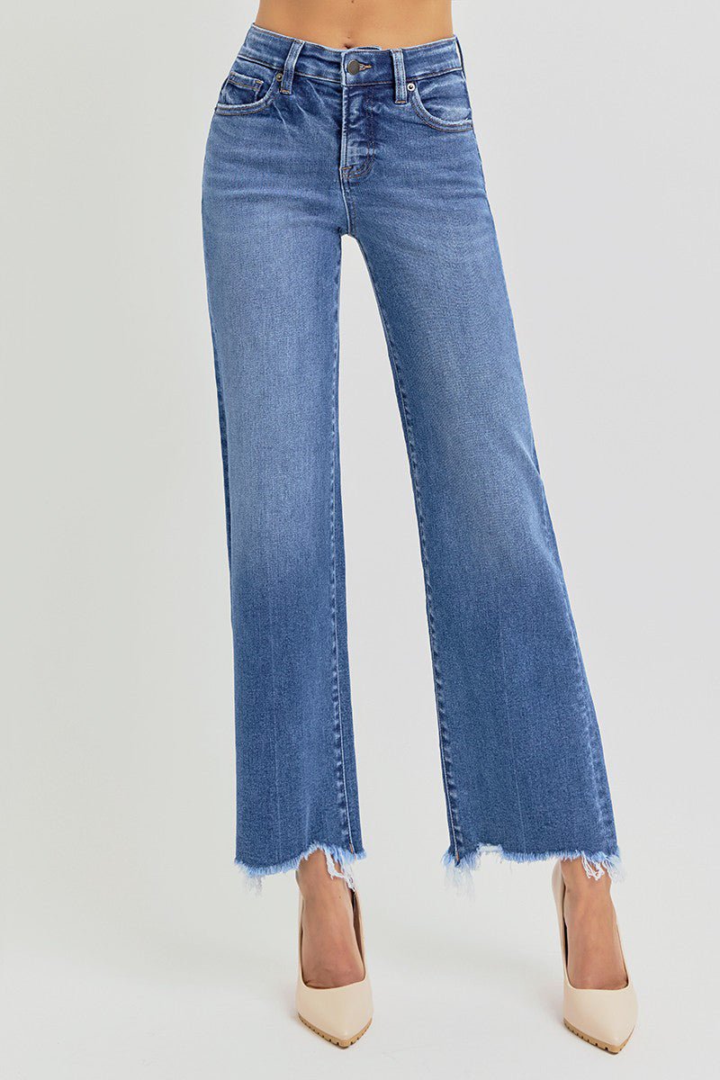 Risen Tummy Control Fray Uneven Hem Straight Jeans - The Nines