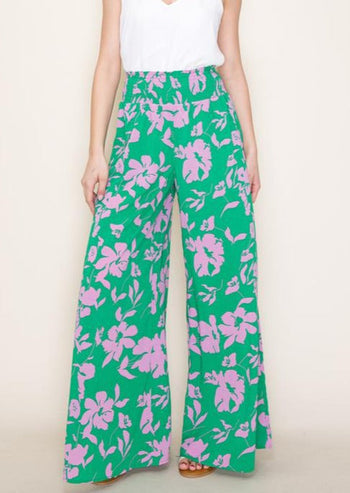 Smocked Waist Kelly Green Floral Pants