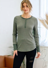 Forest Green Erin Striped Thumbhole Henley Top