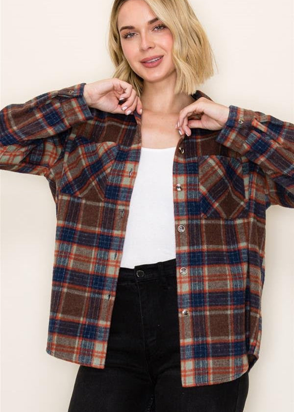 Brown & Navy Plaid Shacket - The Nines