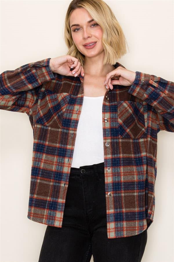 Brown & Navy Plaid Shacket - The Nines
