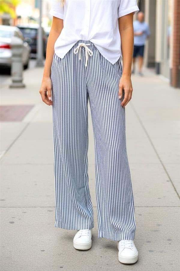 Navy Jennie Striped Drawstring Pants - The Nines