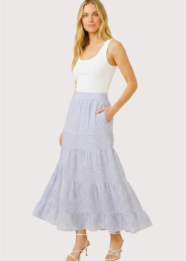 Blue Striped Long Pocket Skirt - The Nines