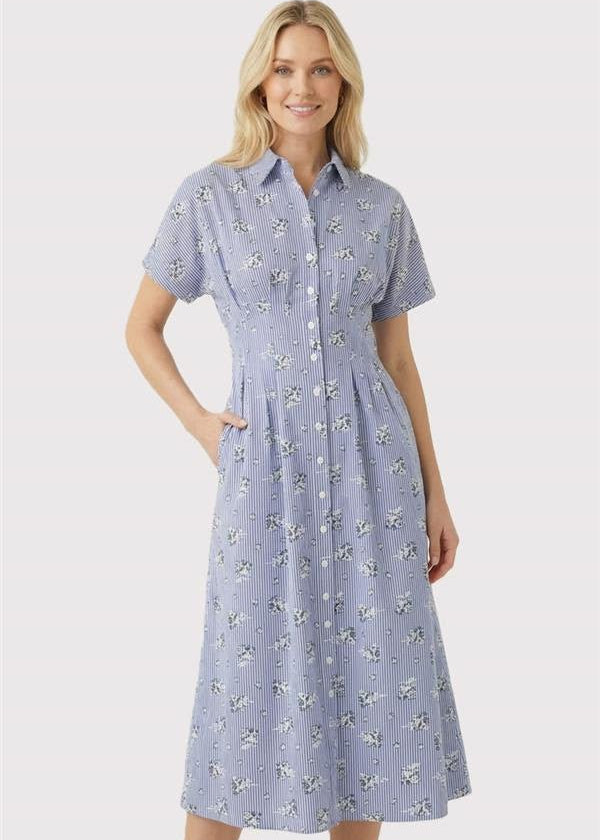 Blue Floral Pinstripe Button Down Dress - The Nines