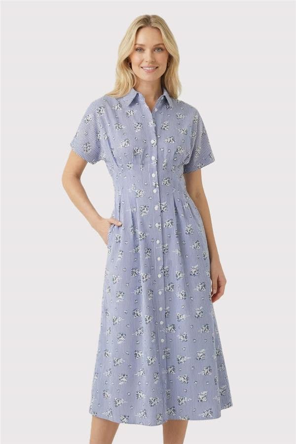 Blue Floral Pinstripe Button Down Dress - The Nines